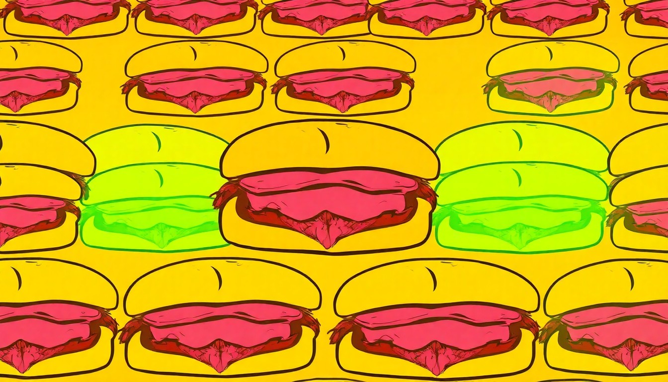 A highly stylized, abstract illustration of a pastrami sandwich repeated in a grid pattern, rendered in bold, neon-like colors and heavy black outlines to capture the pop art aesthetic, conceptually representing the expansion of a beloved Los Angeles food brand into the Las Vegas market.