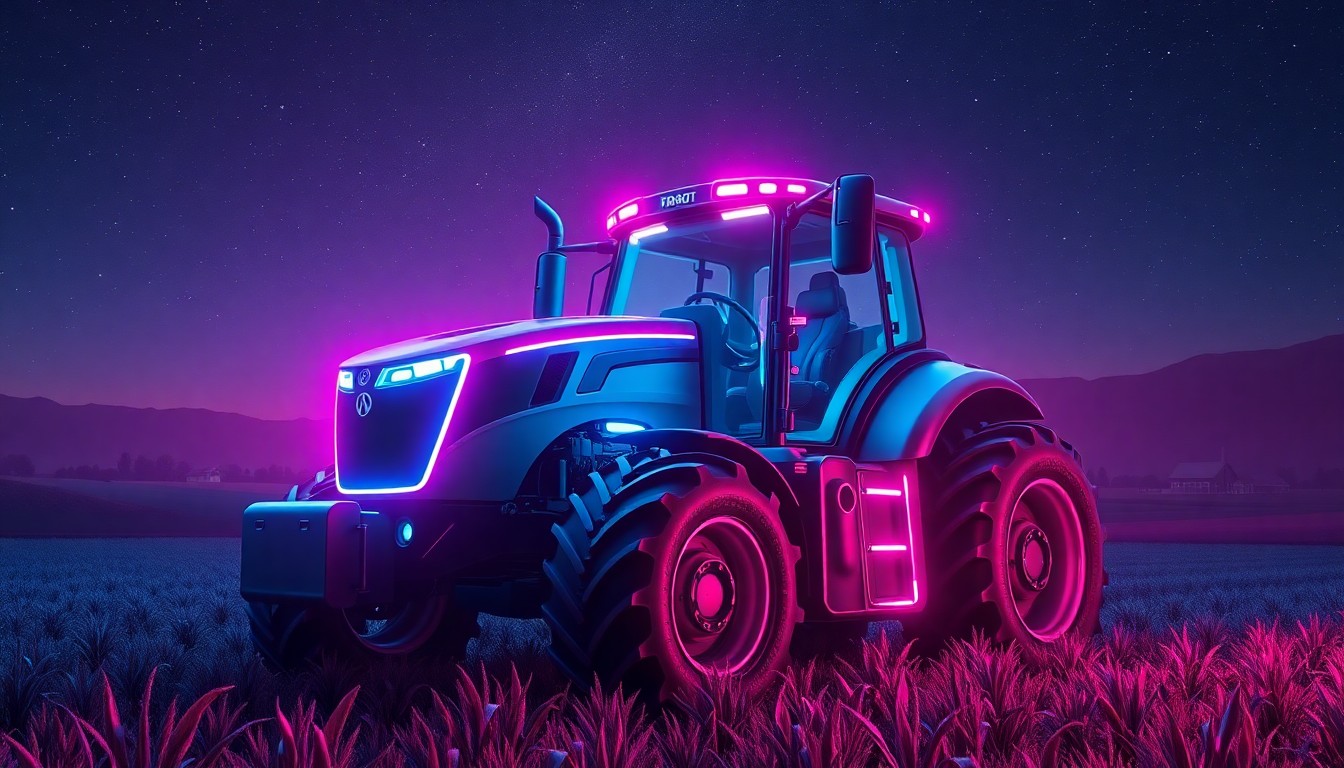 A glowing, cyberpunk-inspired illustration of a futuristic farm tractor with advanced control panels and robotic arms, surrounded by a field of crops and a distant farmhouse, all bathed in a neon cyan and magenta glow, conceptually representing the integration of technology and modern farming.