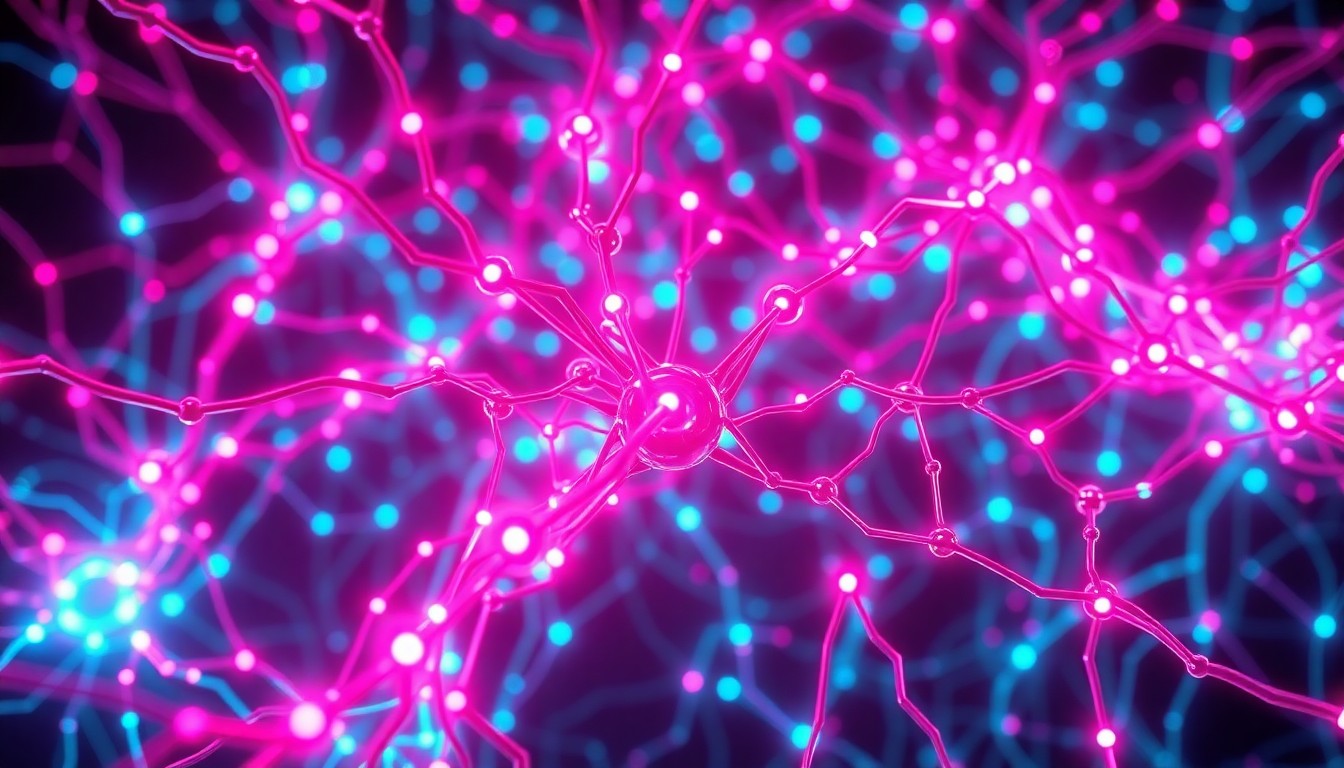 A highly detailed, glowing 3D illustration of a complex AI neural network architecture, with pulsing neon cyan and magenta lights illuminating the intricate web of interconnected nodes and circuits, conceptually representing the power and potential challenges of advanced AI systems.