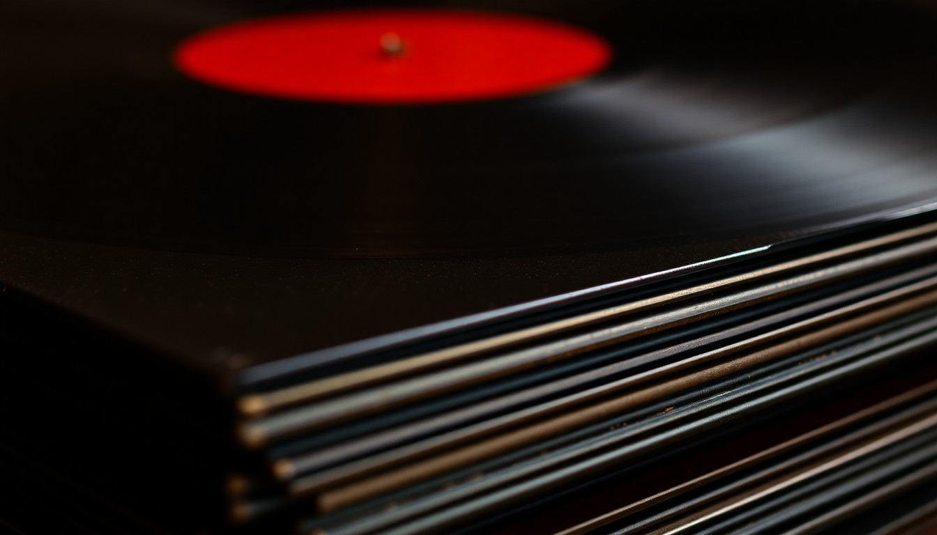 An extreme close-up of a stack of vintage vinyl records, their surfaces reflecting dramatic shadows and highlights to create a glamorous, high-fashion aesthetic, conceptually representing the renewed appreciation for the physical format.