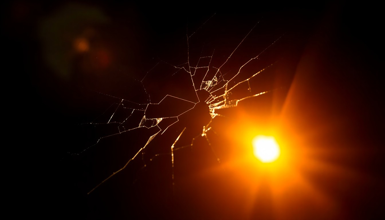 An extreme close-up photograph of a cracked and shattered car windshield, conceptually illustrating the aftermath of a serious collision caused by suspected drunk or drugged driving.
