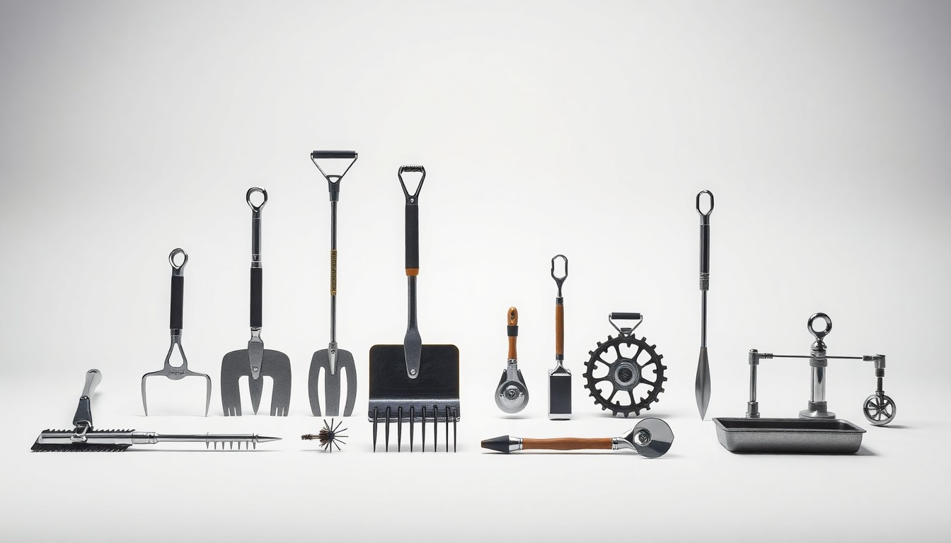 A photorealistic studio still life featuring a collection of shiny, geometric farm implements and tools arranged elegantly on a clean, monochromatic background, conceptually representing the precision and strategy behind optimizing strip-till corn production.