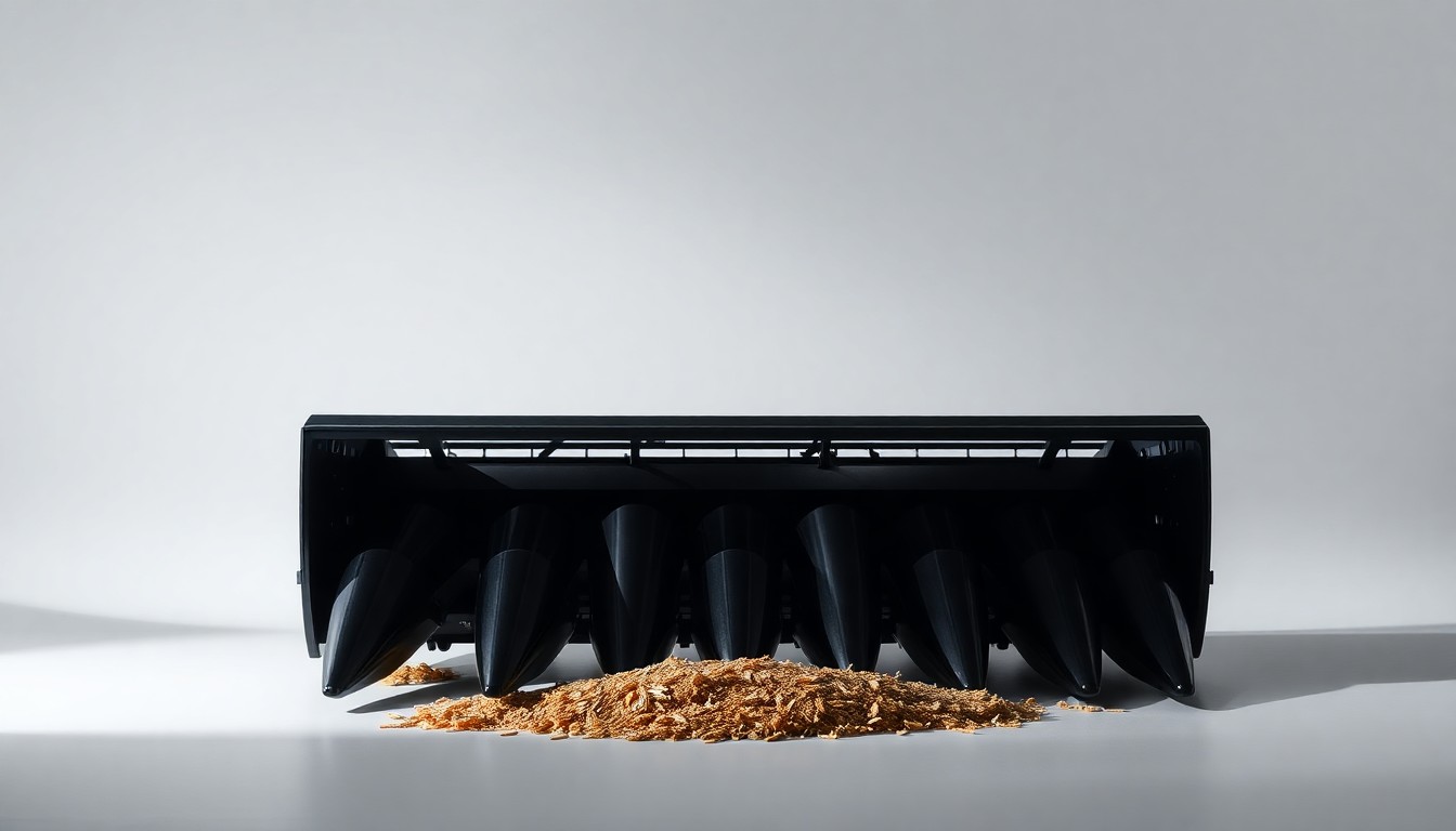 A close-up, high-contrast photograph of a sleek, metallic corn head component against a plain white background, conceptually representing the evolving role of this farm equipment in managing increased crop residue.
