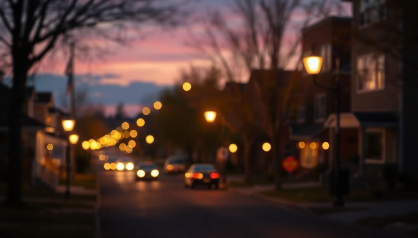 A dreamy, impressionistic scene of an Idaho Falls street at dusk, with soft, blurred lights and shadows creating a warm, inviting atmosphere that reflects the community-focused nature of the city's development planning process.