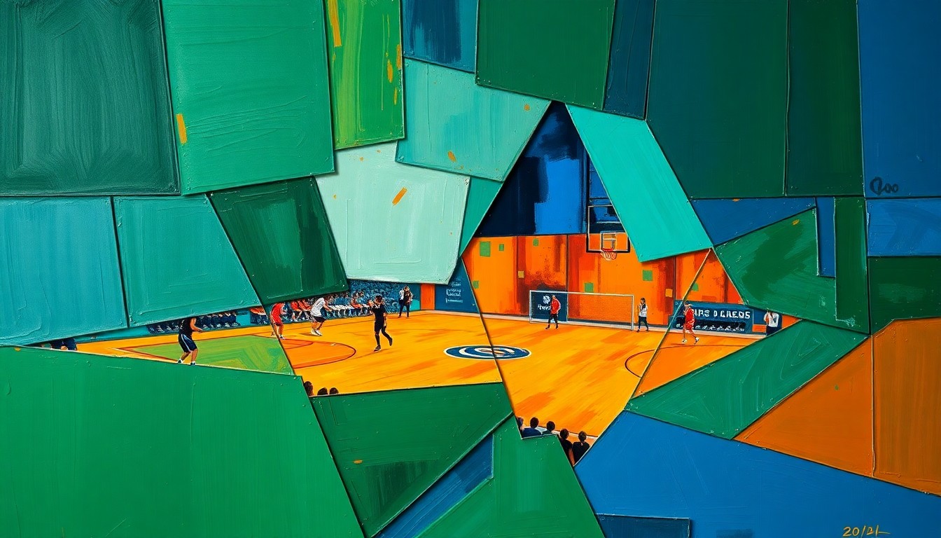 A fragmented, geometric painting in shades of green, blue, and orange, conceptually representing the overlapping perspectives and movements of a high school sports competition.