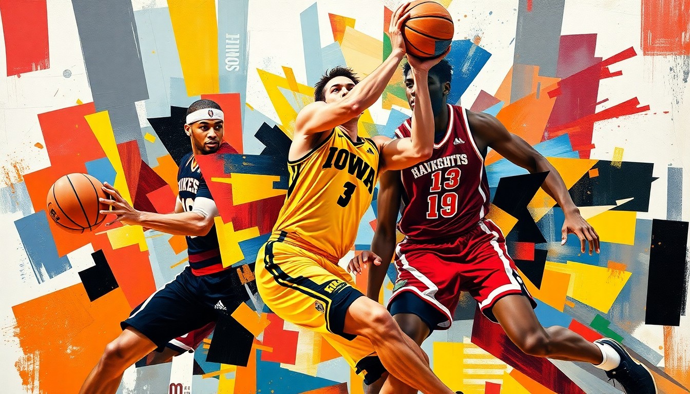 A fractured, cubist-style painting depicting the fluid movements and energy of a basketball player, with sharp geometric planes in the team colors of the Iowa Hawkeyes and Illinois State Redbirds.