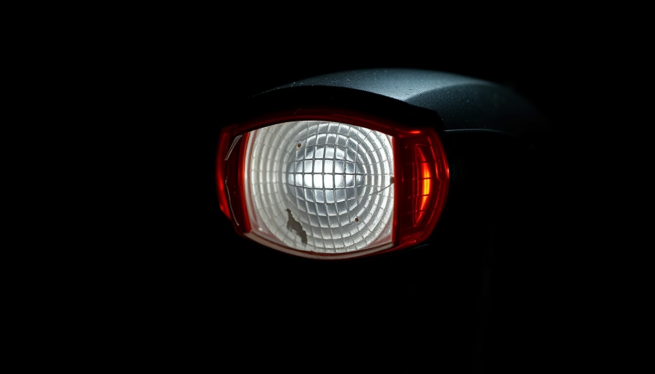 An extreme close-up photograph of a damaged bicycle reflector or broken bike part, capturing the harsh, gritty details of the object against a stark black background, conceptually representing the tragedy of a fatal bicycle crash.