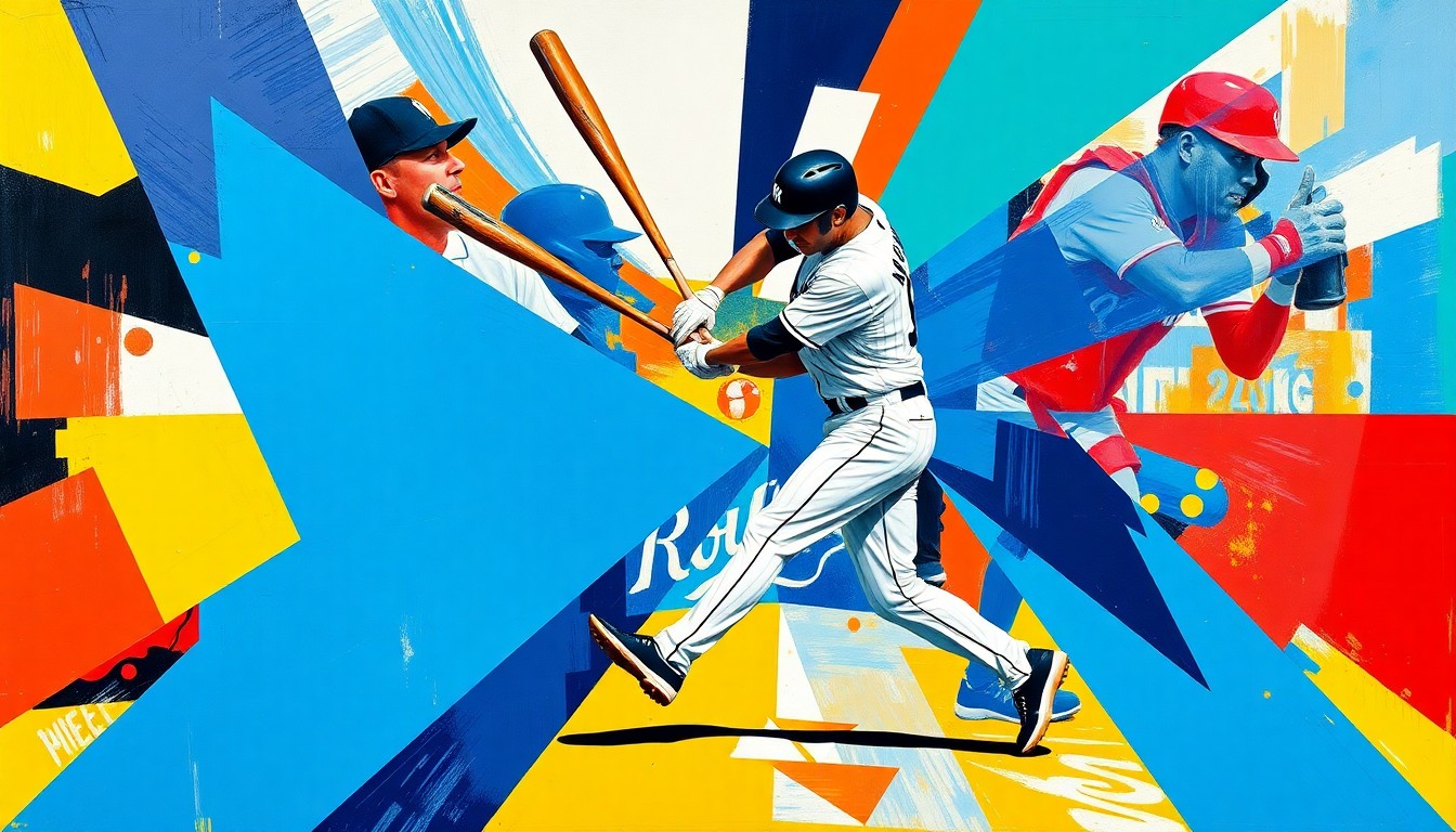 A fractured, multi-perspective painting in bold, clashing colors that deconstructs the moment of Ryan McMahon's go-ahead home run into sharp, overlapping geometric planes, conceptually representing the game-changing swing.