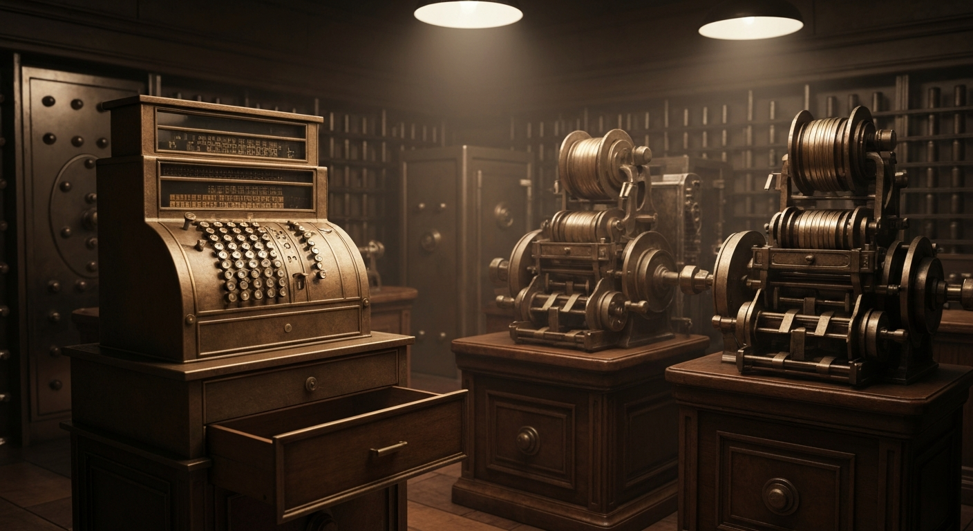 An extreme close-up of various metal gears, levers, and other industrial banking equipment, conveying a sense of the robust, tangible nature of financial institutions.