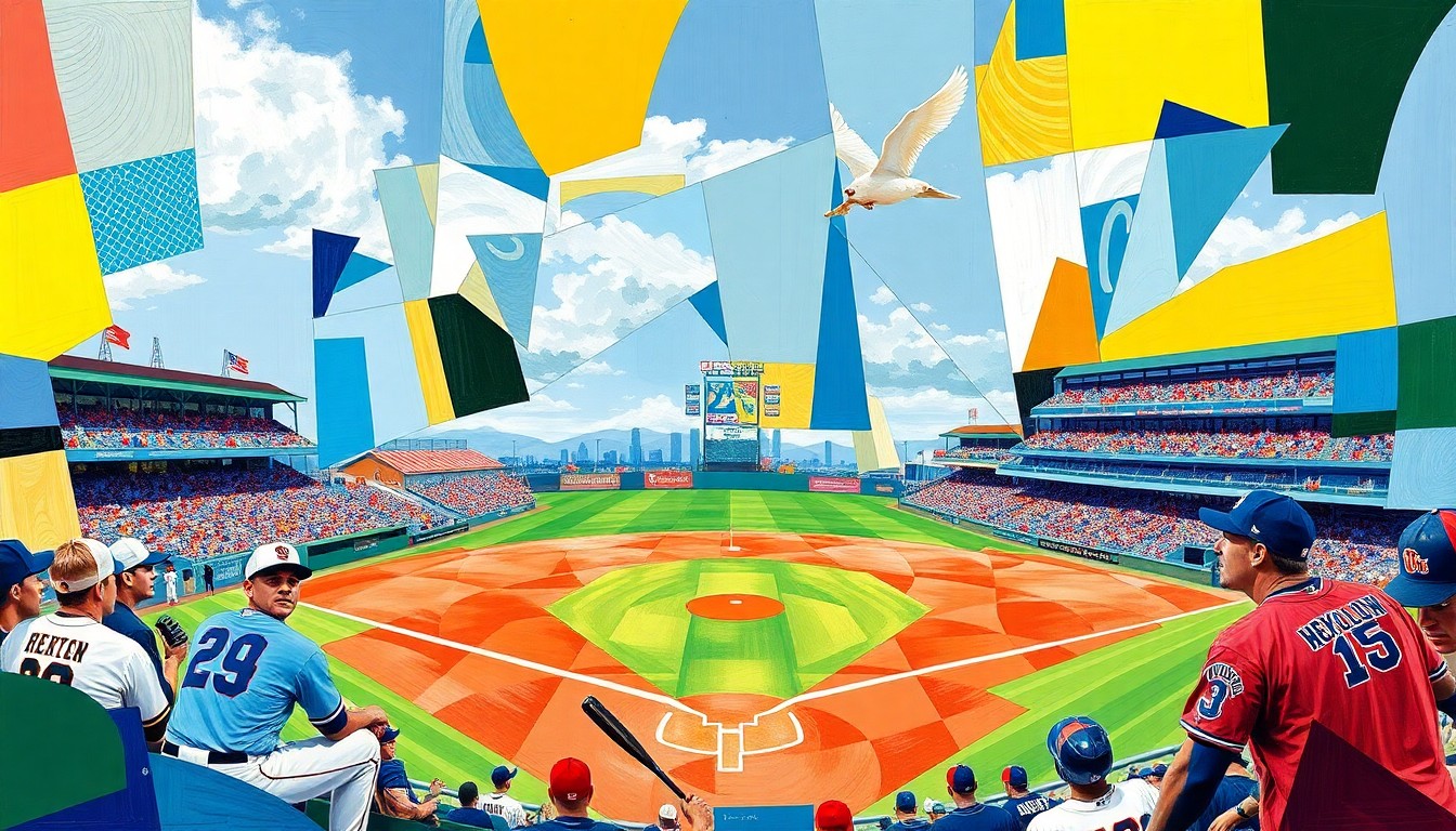 A cubist, geometric painting depicting a college baseball game, with the players and field broken down into sharp, overlapping planes of color representing the Charleston Southern and High Point uniforms.