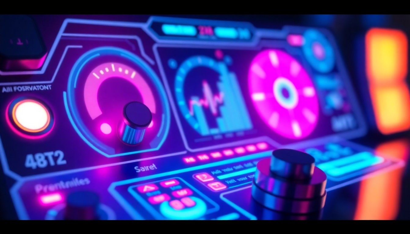 A highly detailed, 3D-rendered illustration of a futuristic control panel or dashboard, featuring various interactive elements like knobs, sliders, and buttons, all illuminated by a vibrant palette of neon-like colors, conceptually representing the advanced AI-powered productivity features of the Claude assistant.