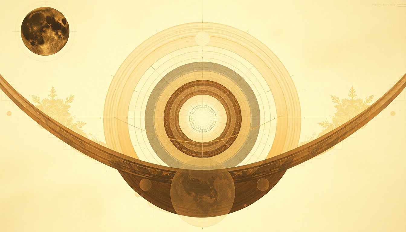 A bold, abstract painting featuring sweeping geometric arcs, concentric circles, and precise spirals in earthy tones, conceptually representing the structural order and scientific mysteries of the universe.