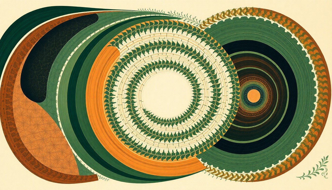 A bold, abstract painting in muted earth tones depicts the complex interplay of plant growth, herbicide application, and no-till farming practices through sweeping geometric shapes, concentric circles, and precise botanical spirals, conveying the structural order and natural forces at work in a no-till ecosystem.