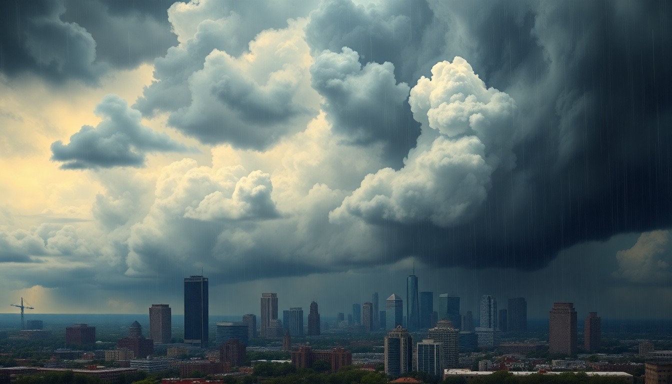 A vast, atmospheric landscape painting depicting the Oklahoma City skyline shrouded in a dramatic storm system of heavy clouds and driving rain, with the towering buildings dwarfed by the overwhelming power of nature.