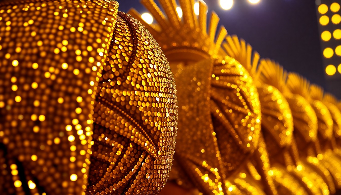 An extreme close-up photograph of shimmering gold sequins and intricate, textured salakot-inspired headpieces, capturing the luxurious and culturally-infused stage design of BINI's Coachella performance.