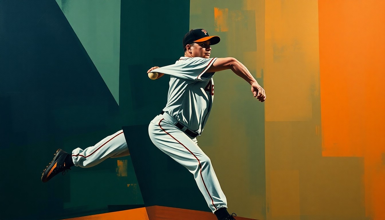 A fractured, geometric painting depicting a baseball pitcher's windup and delivery, with sharp, overlapping planes in muted navy, green, and orange tones.