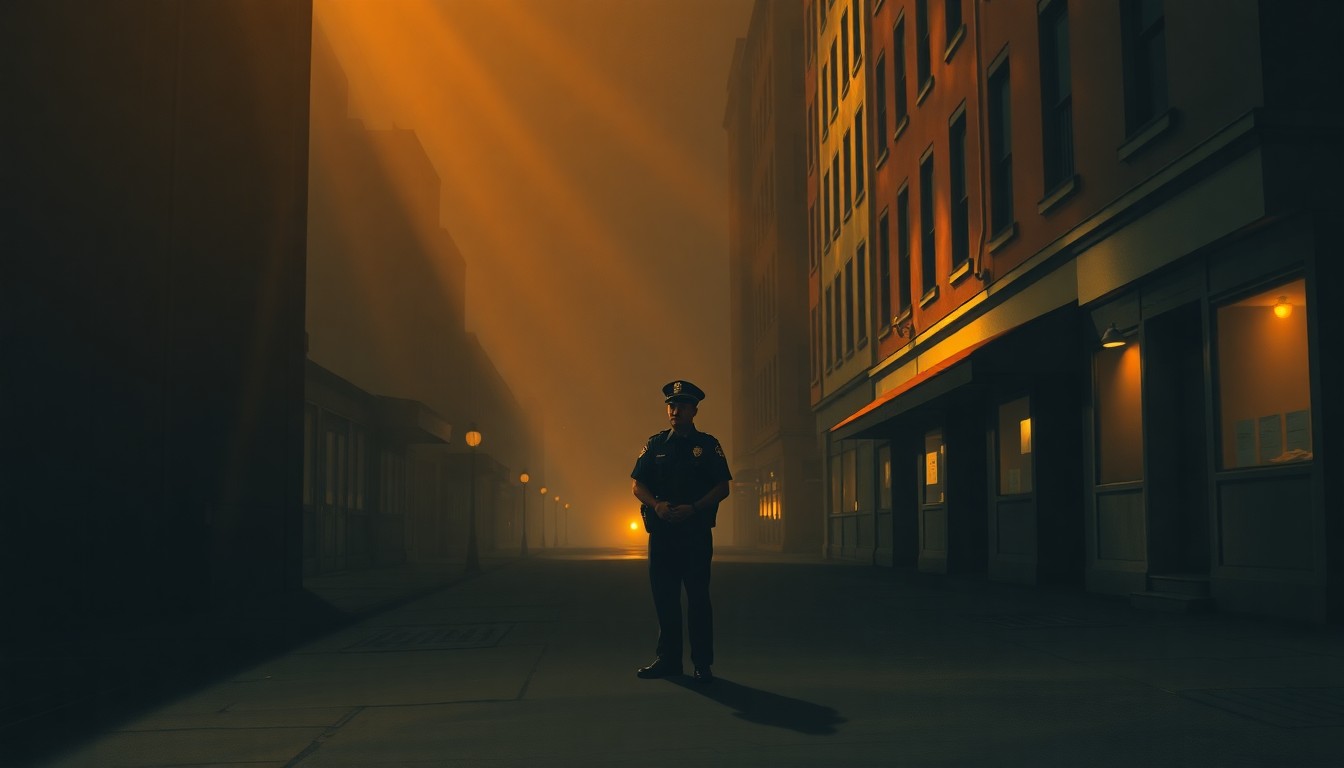 A cinematic painting depicting a lone police officer standing on a dimly lit urban street, the officer's figure bathed in warm, diagonal sunlight and deep shadows, conveying a sense of isolation and the challenges facing law enforcement in building trust with the community.