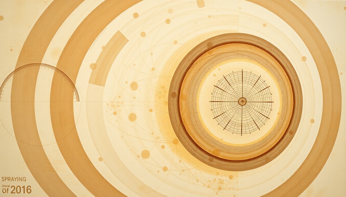 A highly structured abstract painting in muted greens, browns, and blues, featuring sweeping geometric arcs, concentric circular patterns, and precise botanical spirals, conceptually representing the interconnected systems and precise controls of modern precision spraying technology.