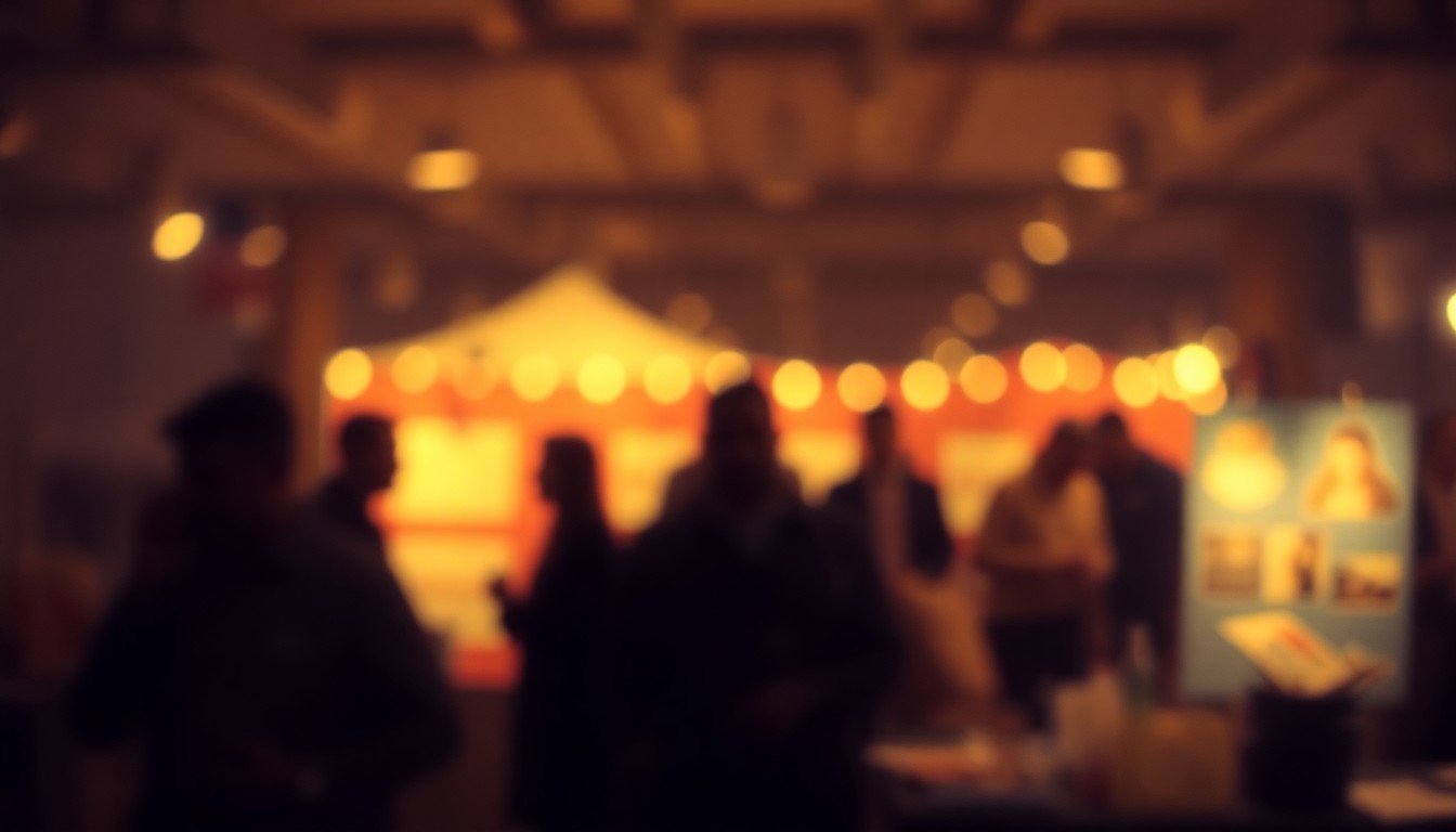 An abstract, soft-focus image depicting the blurred outlines of people and objects at a community resource fair, conveying a sense of warmth and connection.