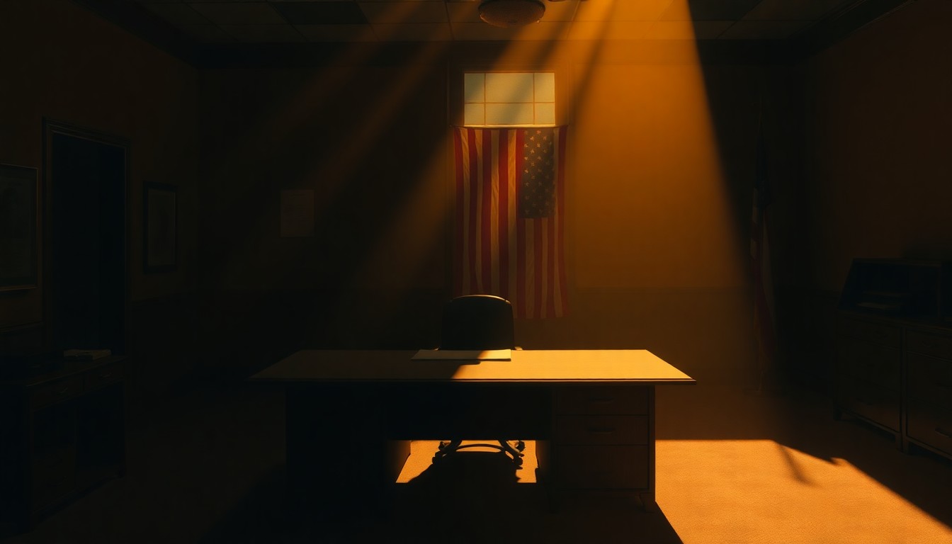 A quiet, cinematic painting of a solitary government desk with an American flag in the background, the scene bathed in warm, diagonal sunlight and deep shadows, conceptually representing the potential disclosure of classified information about unidentified aerial phenomena.
