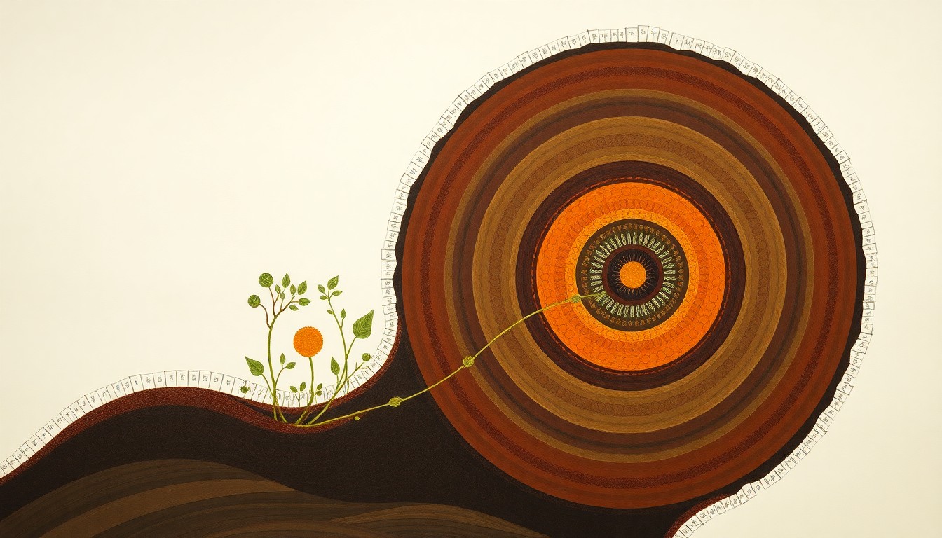 A bold, abstract painting in earthy tones of green, brown, and ochre, featuring sweeping geometric arcs, concentric circles, and precise botanical spirals, conveying the structural order and interconnectedness of a thriving soil ecosystem.