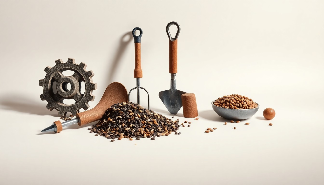 A high-end studio still life featuring a collection of premium farm implements like a tractor gear, soil probe, and seeds, arranged elegantly on a clean, monochromatic background to conceptually represent the precision and strategy behind a farmer's diverse tillage and crop management techniques.