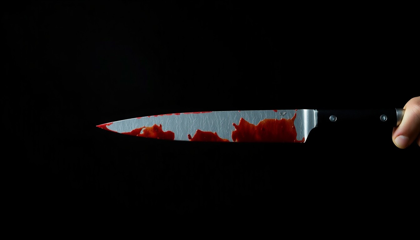 An extreme close-up of a bloody knife blade, the harsh flash lighting creating a stark, gritty aesthetic that conceptually represents the violent nature of the Imperial Beach stabbing incidents.