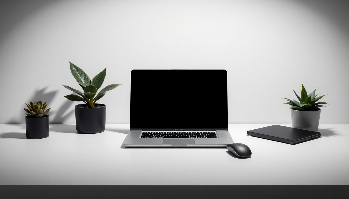 A photorealistic studio still-life photograph featuring a minimalist desk setup with a laptop, wireless mouse, and a potted plant, conceptually representing the professional and flexible workspace solutions offered by the new Office Evolution location in Las Colinas.