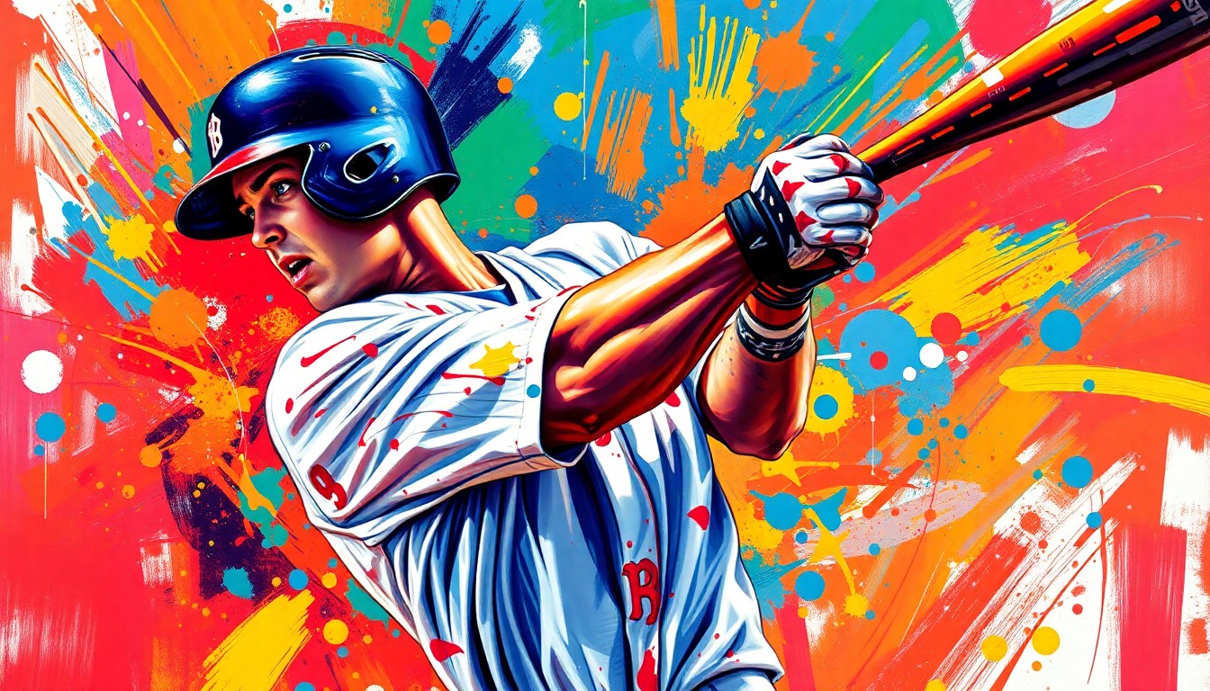 An extreme close-up of a baseball player mid-swing, captured in a vibrant, expressionist style with rapid brushstrokes and neon colors, conceptually illustrating the raw power and energy of a game-changing home run.