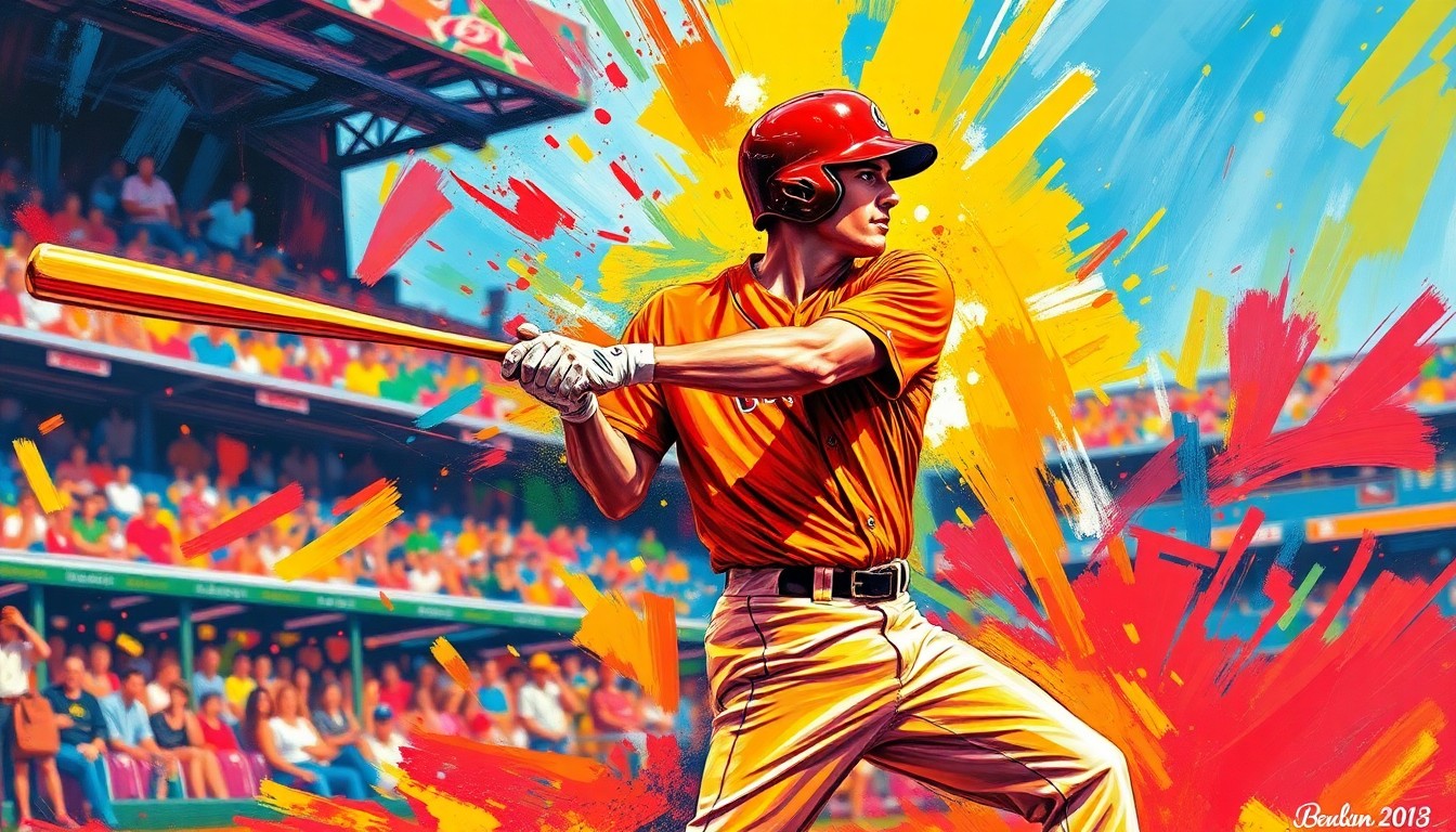 An abstract, energetic painting using vibrant neon colors and rapid brushstrokes to depict the powerful swing and motion of a baseball player hitting a home run.