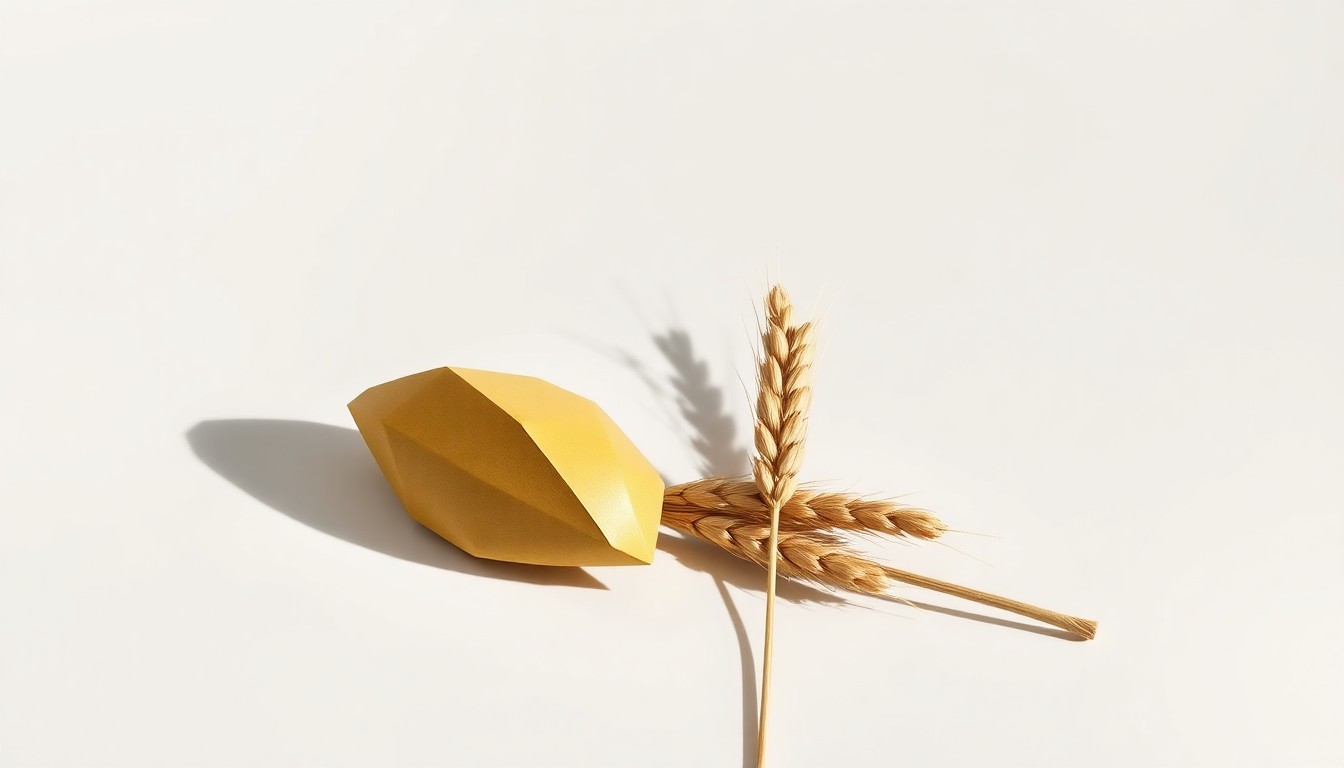 A photorealistic studio still life featuring a polished, geometric canola seed pod and a bundle of wheat stalks arranged elegantly on a clean, monochromatic background, conceptually representing the tradeoffs between profitability and environmental impact in crop selection.