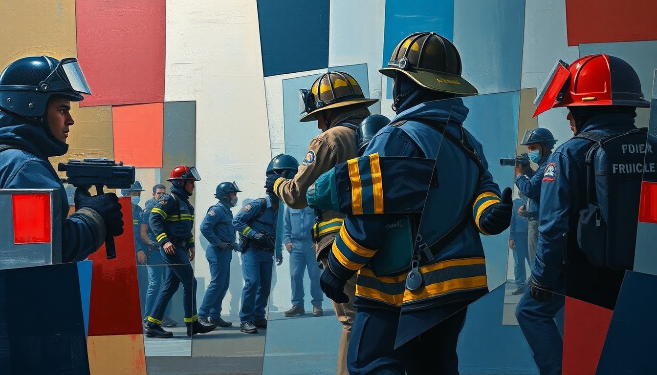 A cubist, fragmented painting depicting the arrest of a firefighter during a human trafficking sting, with sharp, overlapping geometric shapes in muted blues, grays, and reds conveying the gravity and nuance of the situation.