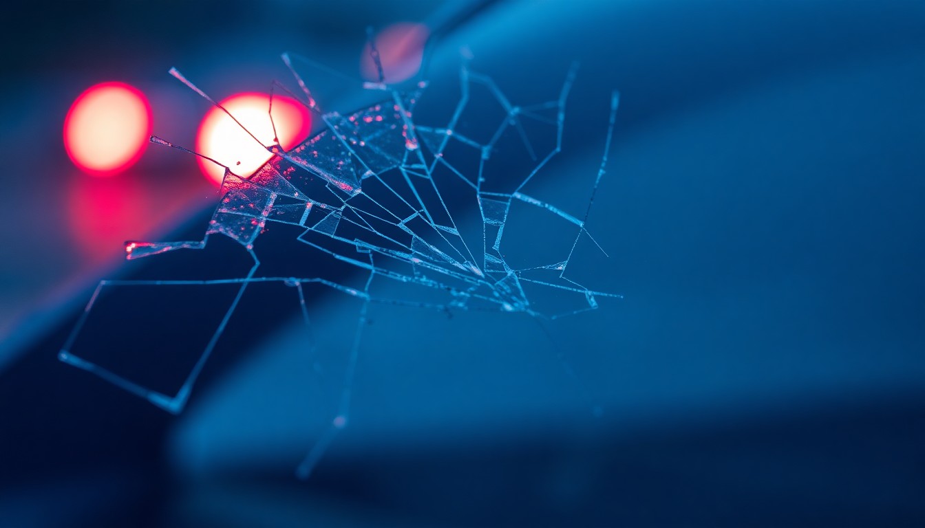 An extreme close-up photograph of shattered car window glass reflecting a faint red light, creating a stark, gritty, investigative aesthetic to conceptually represent the property damage and public safety concerns related to the reported crimes in Plymouth.