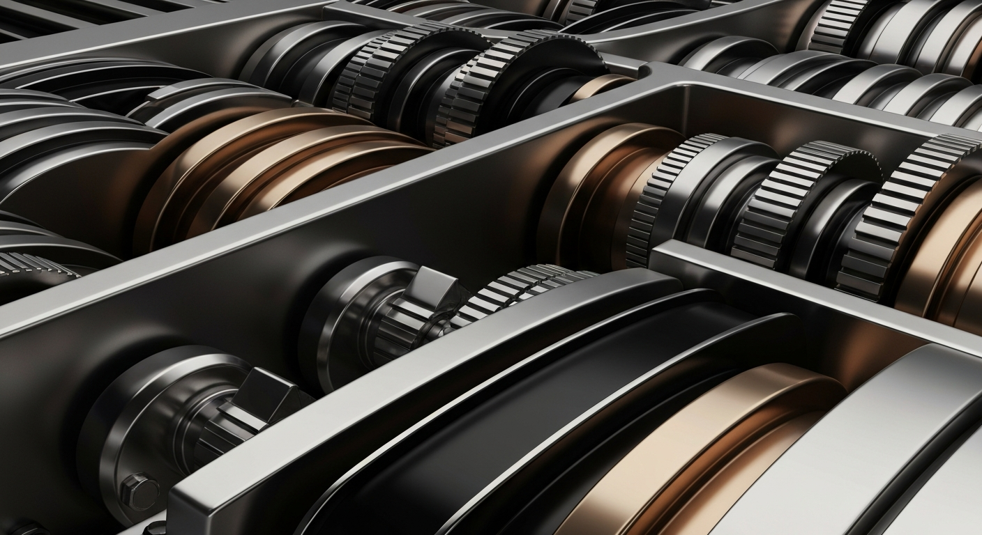 An extreme close-up of polished, interlocking gears and levers in a banking vault, conveying the tangible, mechanical foundations of the financial system without using literal currency or charts.