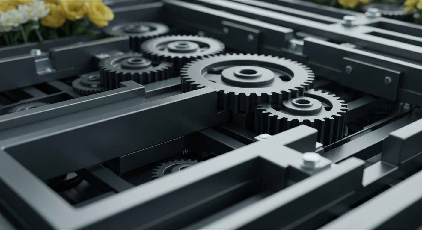 An extreme close-up of the inner workings of a high-tech floral delivery system, with gears, motors, and other industrial components, conveying the complex logistics behind the online flower retailer's operations.