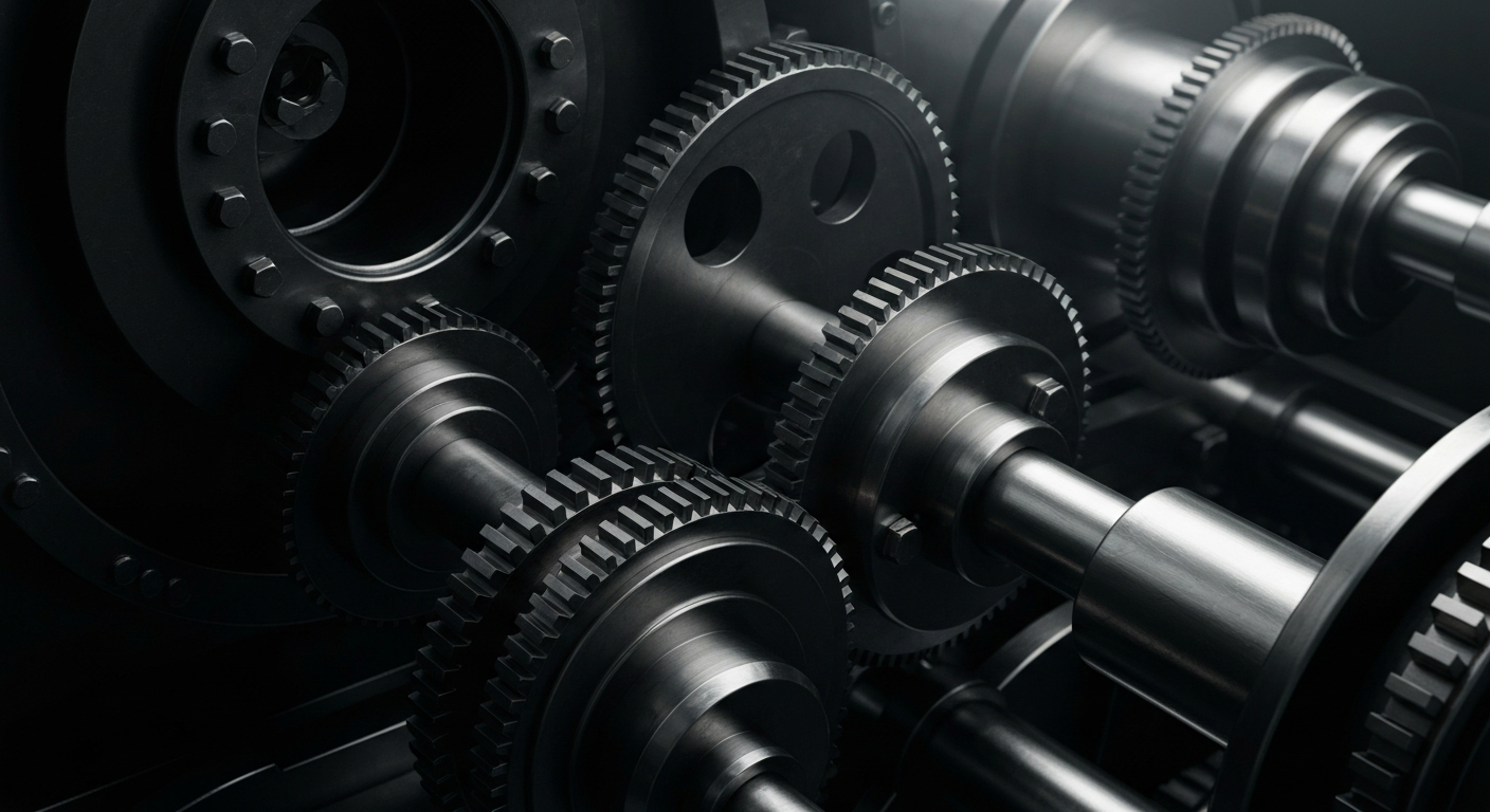 An extreme close-up of the complex, interlocking gears and components of an industrial financial machine, conveying a sense of the secure, mechanical underpinnings of the banking system.