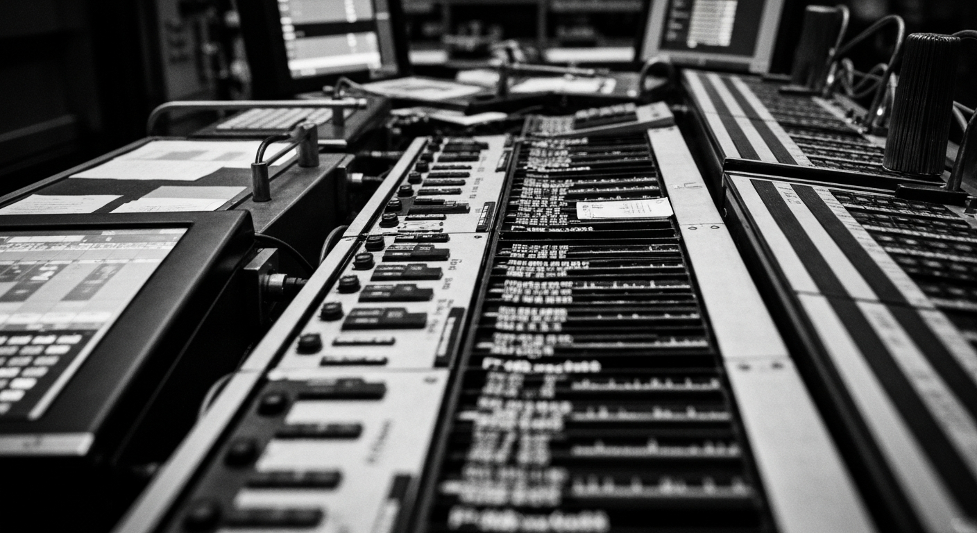 A high-contrast, close-up image of complex financial machinery and equipment, representing the complex and uncertain nature of the biotech industry.