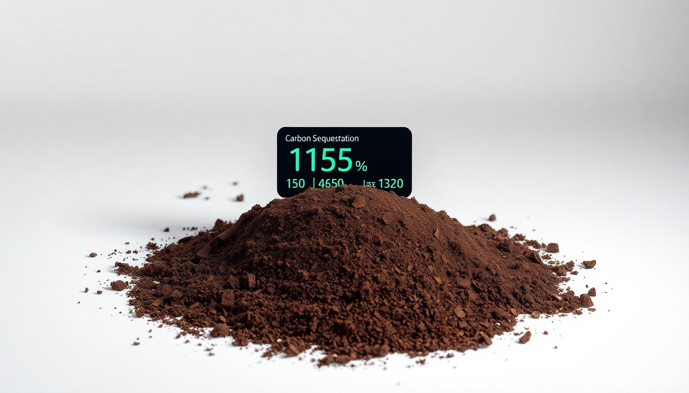A photorealistic studio still life featuring a pile of soil samples in various shades of brown, with a small digital display showing carbon sequestration metrics, all arranged elegantly on a clean, white background with dramatic studio lighting and deep shadows.