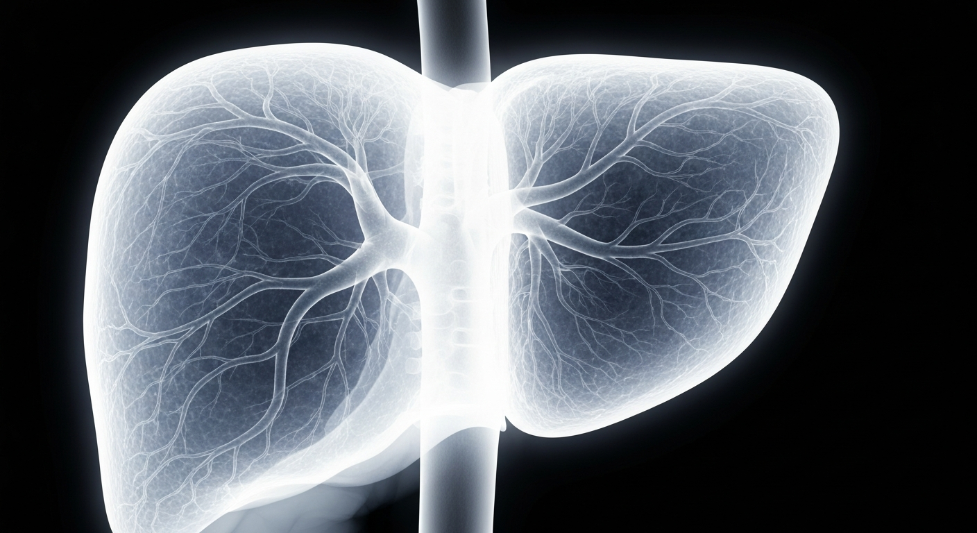 A translucent X-ray image revealing the intricate internal structure of a human liver, symbolizing the fragility and resilience of the organ transplant process.