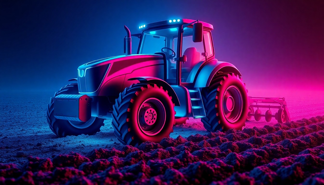 A highly detailed, glowing 3D illustration of a tractor plowing a field, with vibrant neon lights highlighting the machinery and soil, conceptually representing the intersection of technology and sustainable agriculture.