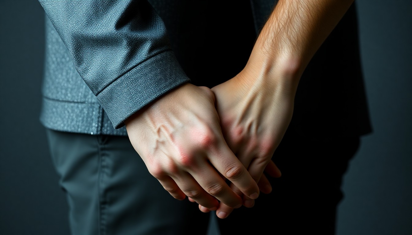 An extreme close-up of two hands intertwined, the skin and fabric textures rendered in dramatic, high-contrast lighting to create a glamorous, abstract composition that captures the intimate, romantic moment between the reality TV personalities.