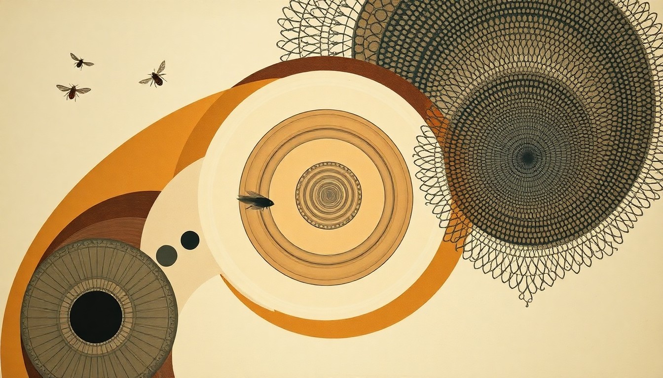 A highly textured, geometric abstract painting in muted greens, browns, and blues, conveying the complex interplay of natural and engineered systems in agriculture.