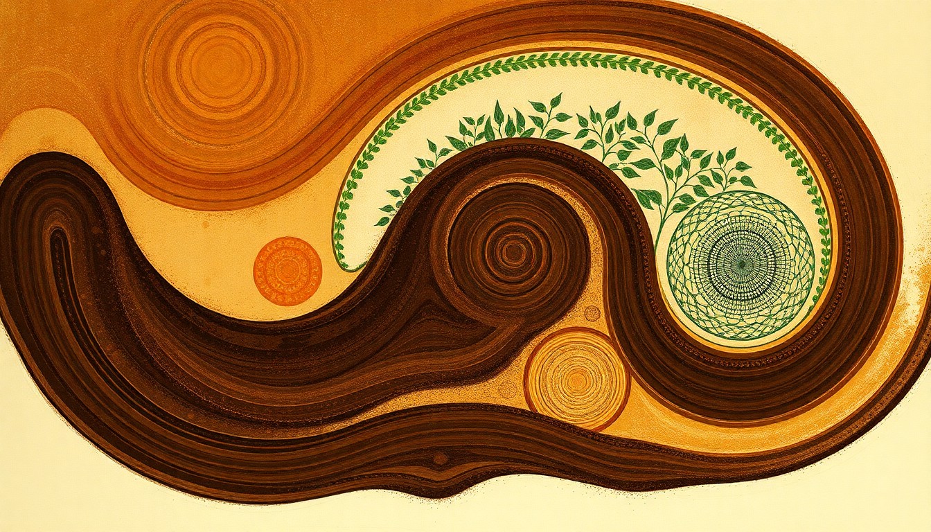 A bold, geometric abstract painting in earthy tones, featuring sweeping arcs, concentric circles, and precise botanical spirals, conceptually representing the intricate natural forces and structural order underlying the higher yields achieved by real-world no-till farming practices compared to controlled studies.