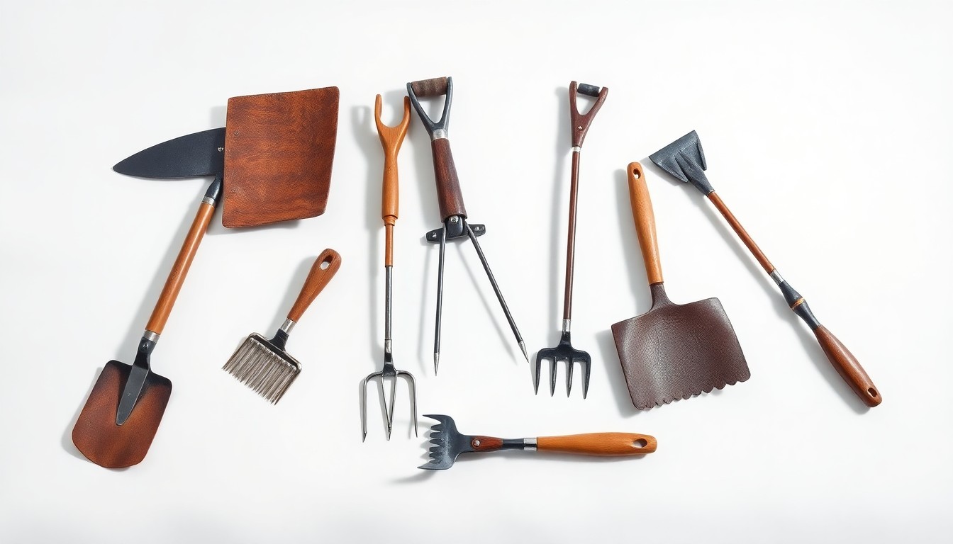 A high-end, photorealistic studio still-life photograph featuring a collection of polished, geometric farm tools and implements arranged elegantly on a clean, monochromatic background, conceptually representing the tools of sustainable agriculture.