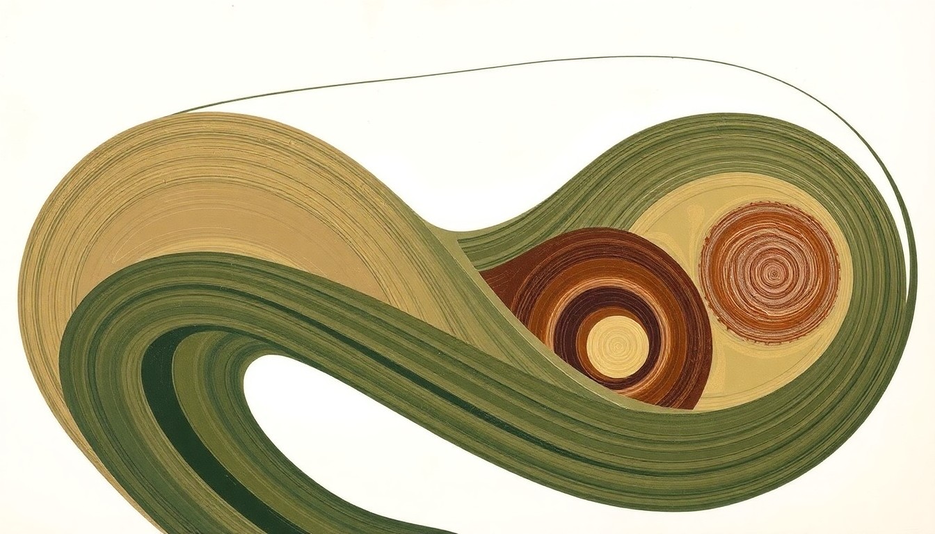 A bold, abstract painting in muted earth tones depicting the complex geometric patterns and intersecting waveforms of the Palouse region's loess soil structures, conveying the fragility and structural order of this delicate agricultural landscape.