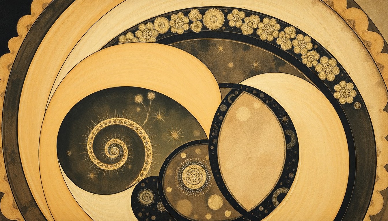 A highly structured abstract painting in soft greens, browns, and blues, featuring sweeping geometric arcs, concentric circles, and precise botanical spirals, conceptually representing the complex interactions between biochar, soil microbes, water, and nutrients in a healthy soil ecosystem.