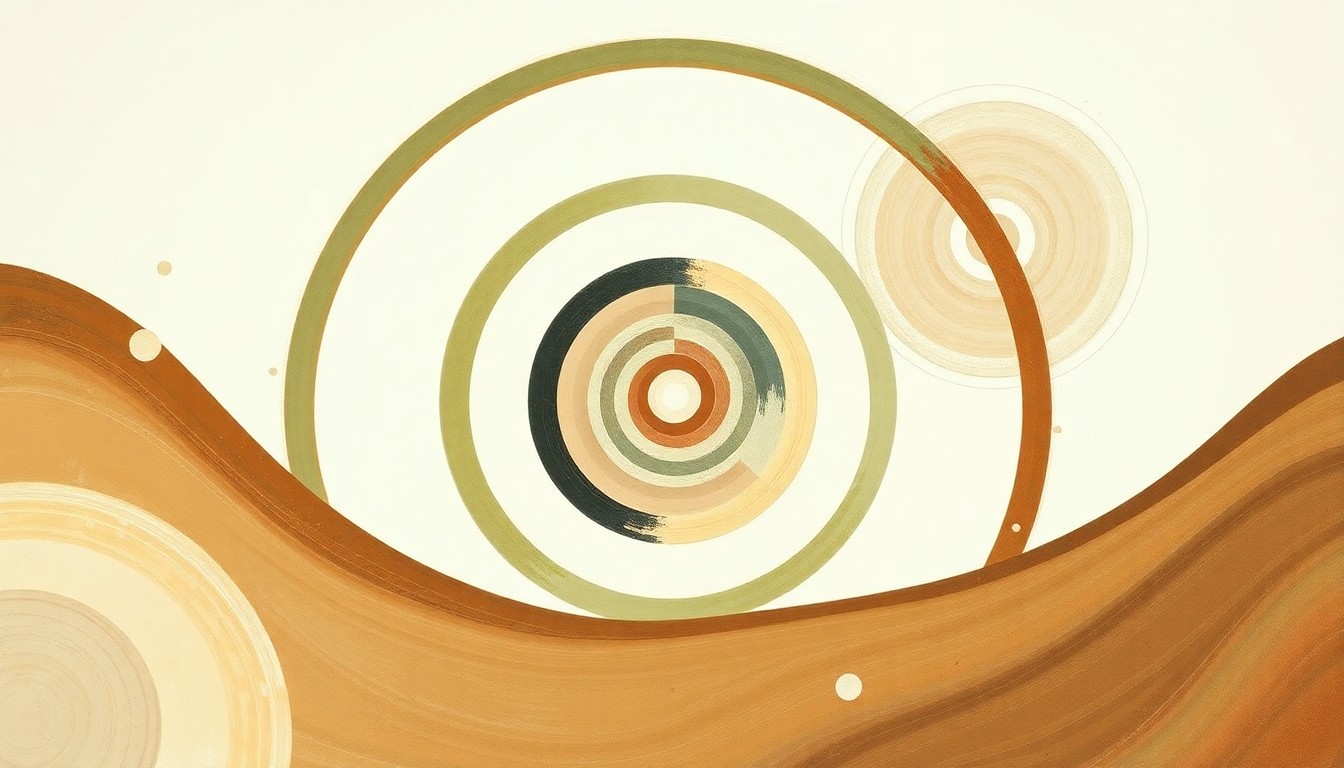A bold, highly structured abstract painting featuring sweeping geometric arcs, concentric circles, and precise botanical spirals in earthy tones of brown, green, and blue, conceptually representing the scientific principles and natural cycles behind the benefits of using gypsum to improve soil health and crop productivity in no-till farming.