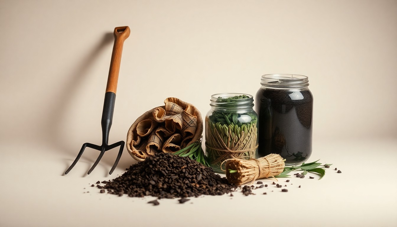 A high-end, photorealistic studio still-life photograph featuring a collection of premium farming tools and materials arranged elegantly on a clean, monochromatic background, conceptually representing the growing investment in sustainable agriculture.