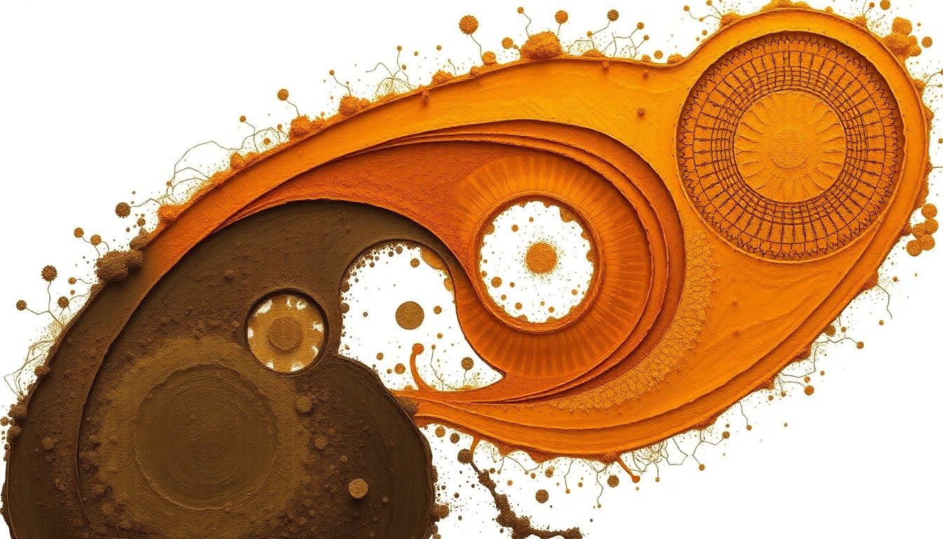 A highly textured, abstract painting in earthy tones depicting the intricate web of organic matter, soil nutrients, and microbial life that sustains a healthy no-till agricultural system.