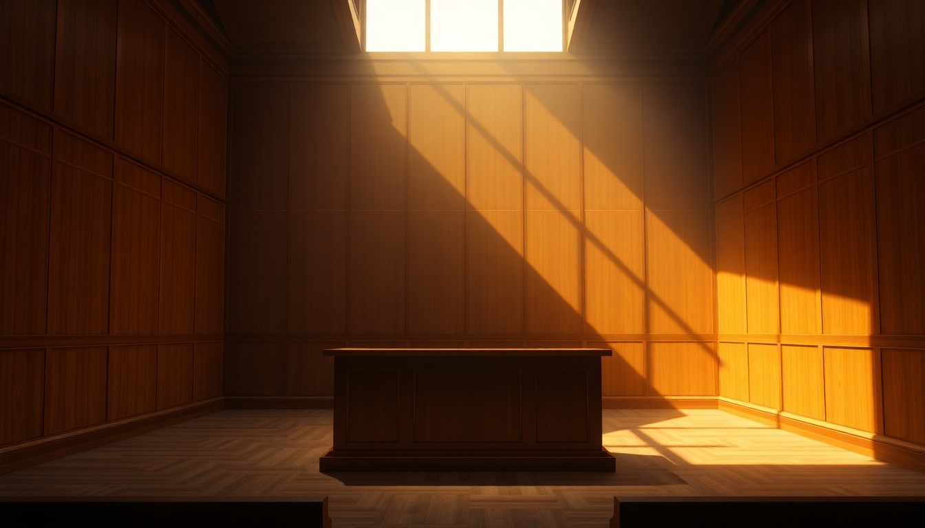 A quiet, cinematic painting of an empty courtroom with a wooden judge's bench as the focal point, bathed in warm, diagonal sunlight and deep shadows, conceptually representing the uncertainty surrounding the future ideological balance of the Supreme Court.